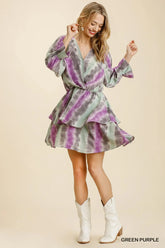 Umgee Tie Dye Ruffled Layered Dress with Elastic Waistband GREEN / PURPLE / S